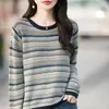 Sudadera de nuevo estilo holgada, top de punto a rayas de manga larga para principios de otoño, hilo de algodón, talla grande, capa interior de bloques de color, hombros caídos, colorido