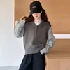 Conjunto de niña estilo coreano transfronterizo, nueva colección primavera/otoño, para niños de talla mediana y grande, con un suéter de imitación de dos piezas y pantalones de mezclilla, un conjunto de dos piezas de moda