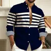 Camisa de Manga Larga a Rayas de Bloques de Color para Hombre Parche de Rayas Azul Marino Blanco Cardigan con Solapa Camisa Casual Primavera Otoño