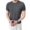 Camiseta de Verano Estilo Coreano Juvenil Ajustada Cuello Redondo Rayas Hombres Transfronteriza Seda de Hielo Ajustada Elástica Delgado Mangas Cortas