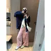 Pantalones Casuales Holgados de Pierna Ancha con Plaid Rosa Acuarela Difuminada de Cintura Alta Moqie Moda Perezosa MQ2015