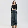 Jeans Americano Estilo Retrô Nostálgico Solto Perna Larga com Diamante para Mulheres 2024 Primavera Nova Chegada Indústria Pesada Calças Dobráveis