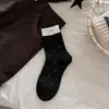 Meias de renda para mulheres, meias de cano médio para outono e inverno, etiqueta de tecido de bolinhas, meias sem costura com babados, meias longas de outono estilo coreano para meninas