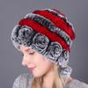 Cálido Gorro Grueso con Protección para las Orejas de Piel de Conejo Rex Tres Pompones Otoño e Invierno Gorro Redondo Tejido Sombrero de Lana para Mujer