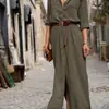 Vestido Longo de Manga Longa com Fenda, Novo Estilo de Comércio Exterior Europeu e Americano, Vestido Simples de Moda com Botões Múltiplos e Cinto para Mulheres, Primavera e Outono