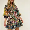 Vestido Novo Estampado de Primavera e Verão Cruzado Europeu e Americano Estilo Europeu e Americano com Amarração Decote V Manga Longa Peça Única de Comércio Exterior Vestido Curto Roupas Femininas