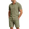 2026 Amazon TK Más Vendido Conjunto de Camisa de Lino de Manga Corta Abotonada de Color Sólido con Cuello Campana para Hombre y Shorts