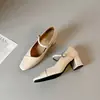 Versión de Piel de Vaca~Tacón Medio de ~5.5cm Primavera Estilo Francés Versátiles para el Trabajo Diario Piel Genuina Punta Cuadrada Poco Profundos Retro Zapatos Mary Jane