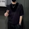 Camiseta masculina de manga curta para jovens, jacquard texturizado de luxo leve estilo Hong Kong, top confortável e respirável de meia manga para o verão com gola redonda