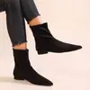 Nuevas botas elásticas 2025, botines elegantes, talla 43 botas de ajuste ceñido, disponibles en tallas grandes, botines cortos de otoño para mujer, tela negra con punta, talla 35