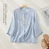 Camisa Feminina Bordada Verão Novidades Roupas de Verão Jacquard Algodão Linho Estilo Chinês Retro Botões de Sapo Gola Alta Manga Três Quartos Top