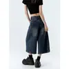 Shorts de Mezclilla Cortos de Pierna Ancha Estilo Vintage Lavado Retro Americano para Mujer, Tendencia de Verano Versátil Estilo Nuevo, Pantalones Rectos de Ocho Puntos
