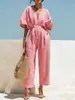 Colección de verano nueva 2026 sitio web independiente transfronterizo de Amazon europeo y americano: elegante y moderno mono de algodón y lino de color liso con cuello en V para mujer