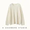 Suéter de cachemira para mujer de talla grande, de punto trenzado, cuello redondo, longitud media, corte holgado, hombros caídos, nuevo estilo otoño-invierno, estilo casual y relajado