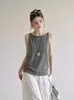 Colete Camisola de Tricô Cinza Retrô Japonês Feminino Verão Casual Moda Outwear Emagrecedor Sem Mangas