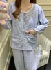 Pijama de Algodão Yunduo para Mulheres com Bojo Primavera e Outono Estilo Coreano Fresco Bolinhas Renda Cardigã Manga Longa Roupa de Casa Conjunto de Duas Peças