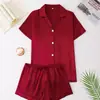 Traje de Casa para Mujer Verano Nuevo Cárdigan de Solapa Manga Corta Shorts Pijama Rojo Se Puede Usar Afuera Comercio Exterior Transfronterizo