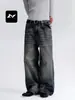 Jeans retrô americano com bigodes de gato para homens e mulheres, corte solto, lavado e desgastado, calça reta de perna larga versátil