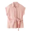 Camisa sin mangas de ramio Xinge para mujer, verano, con cuello camisero y corbata, diseño holgado, transpirable, ligera, camisa casual elegante