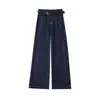 Jeans largo de novo design para 2026, com costuras aparentes, para mulheres, azul denim, cintura alta, modelagem que emagrece, corte reto estreito