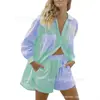 Camisas Europeas y Americanas Transfronterizas Traje Pantalones Cortos Solapa Un Botón Casa Casual Rayas Suelto Bolsillo Camisa de Mujer