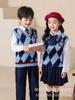 Compañero divertido para niños estilo preppy británico de otoño Ropa de clase para estudiantes de primaria ropa de jardín de infantes chaleco de punto a cuadros azules traje