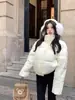 Jaqueta casaco de couro PU acolchoado de algodão com gola alta vintage marrom de manga comprida para mulheres, inverno, solta, quente, roupa pão, jaqueta curta acolchoada de algodão