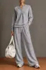 Conjunto de Moletom com Capuz Cor Sólida e Calça Wide Leg Estilo Europeu Feminino Outono Inverno Casual Conjunto de Duas Peças Manga Longa Cordão Solto