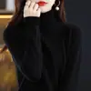 Otoño Invierno Nuevo Jersey de Lana Pura para Mujer Cuello Alto Color Sólido Holgado Corto Cachemira Tejido Capa Base Suéter