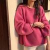 Suéter Suave y Acogedor de Punto Grueso Pulóver Rojo Rosa, Cuello Redondo, Capa Base Holgada, Nuevo Top de Punto Holgado para Primavera y Otoño para Mujer