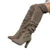 Nuevos estilos de otoño e invierno: botas altas de gamuza, con punta, tacón de aguja, adelgazantes, plisadas, de tacón medio, de moda, para mujer