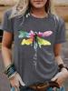 Camiseta feminina eBay com estampa de libélula europeia e americana, gola redonda, manga curta, para o verão, independente, estação, cross-border
