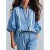 Camisa Blanca de Mujer Otoño 2026 Transfronteriza Azul Lavado Cuello Solapa Mangas de Farol Tres Cuartos Rayas Verticales Suelta Hombros Caídos