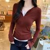 Camiseta de Manga Larga con Cremallera de Dos Piezas Falsas de Color en Contraste Estilo Coreano para Mujer Otoño e Invierno 2024 Nuevo Top Base Interior Plisado de Corte Slim