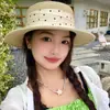 Sombrero de Paja con Lunares y Perlas Estilo Francés, Ala Ancha para Mujer, Sombrero de Sol para Vacaciones de Verano y Playa