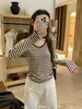 Treze LinhasKAPOKNovo Outono Clássico Estilo Coreano Gola U Versátil Listrada Manga Longa Camiseta 61081