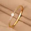 Pulsera de Acero Inoxidable Color Dorado Completamente Incrustada con Diamantes, Moda Estilo Europeo y Americano, Concha Redonda, Broche de Lujo Ligero, Pulsera Incrustada con Diamantes, Joyería que No se Desvanece