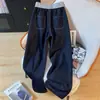 Jeans feminino de cintura alta com cadarço elástico e perna larga para meninas cheinhas, calça reta de comprimento total, calça feminina plus size solta casual machete