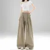 Calça Casual Khaki Preguiçosa Fluida de Perna Larga Feminina Novo Design Plissada Solta de Cintura Alta Versátil Calça de Terno