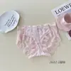 Ropa interior de encaje dulce japonesa de talla grande, cintura media-alta para mujer, transpirable, sexy, que cubre las caderas, calzones de algodón en la entrepierna