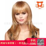 外贸货源 欧美时尚假发女士斜刘海金色蓬松长卷发 齐刘海已修剪