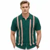 Suéter de Punto Rayas Verticales Manga Corta Retro Americano con Puntadas de Color Contrastante Cárdigan Casual Camisa Polo Ropa Masculina Transfronteriza Sj0113
