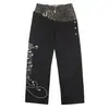 Jeans denim original, calça larga de perna larga, unissex, estampa de leopardo retrô americana, cós assimétrico, bordado de nota musical
