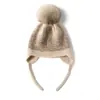 Gorro Infantil de Lã Cashmere 2026 Outono/Inverno com Pom-Pom, Blocos de Cor, Jacquard, para Exterior, Proteção de Orelha, Corta-Vento, Quente, Tricô Casual