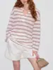 Camiseta de Manga Larga con Rayas Rosas y Cuello en V Estilo Francés para Mujer, Cubre-traje Ligero de Verano con Protección Solar, Top Relajado Estilo Perezoso