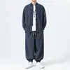 Conjunto de camisa de manga larga y pantalones casuales estilo Tang chino para hombre, para primavera y otoño, con botones tradicionales chinos, corte holgado, talla grande