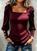 Top de tricô canelado com gola quadrada e mangas bufantes, estilo europeu e americano, com punhos de botão, camiseta feminina de manga longa, corte justo, para 2026