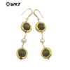 E726 fríos de alta calidad estilo intelectual largos de gemas naturales perla aretes chapados en oro multicolor opcionales