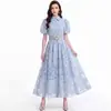 Vestido de encaje exquisito de moda transfronteriza más vendido, vestido largo de verano con cuello, mangas cortas abullonadas, cintura entallada bordada con lentejuelas para mujer