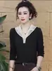 Nova moda de outono, T-shirt de renda com decote V e manga longa para mulheres, esconde a barriga, emagrece, rejuvenesce, estiloso, versátil, top casual da moda